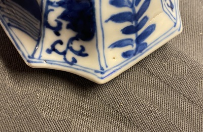 A Chinese blue and white five-piece garniture with boys and ladies, Kangxi